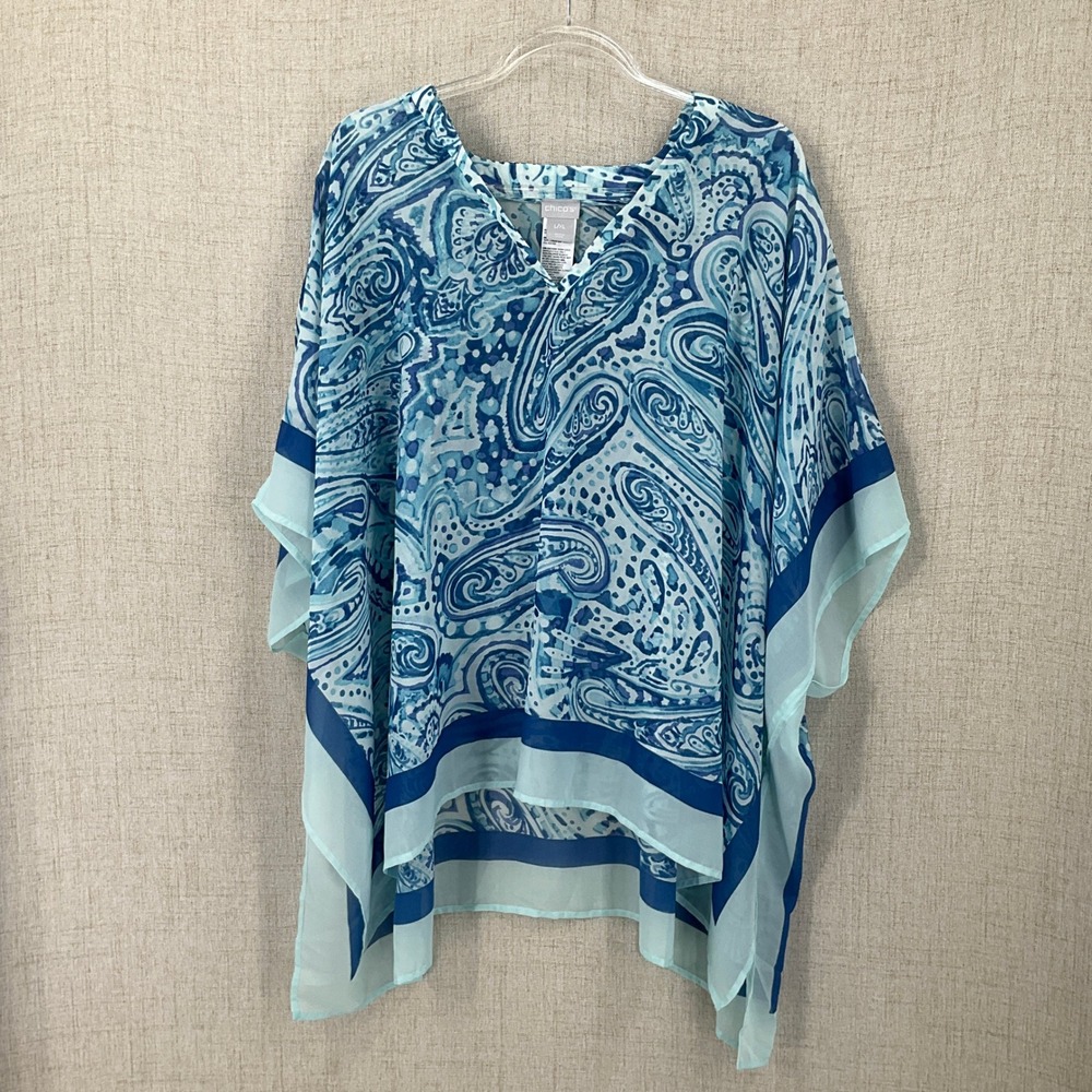 Chico's‎ Poncho Top Womens XL Blue Paisley Chiffon Coastal Boho Oversized Kaftan